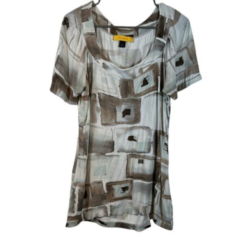 St John Yellow Label Geometric Brown White S/S Shirt Size Med #6652